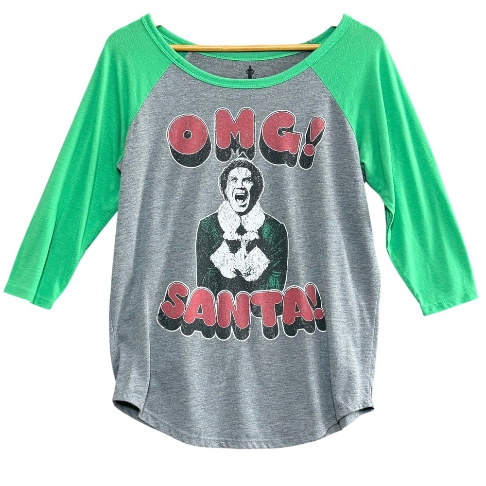 RIPPLE JUNCTION Buddy the‎ Elf OMG Santa Raglan Shirt L Holiday Christmas Party